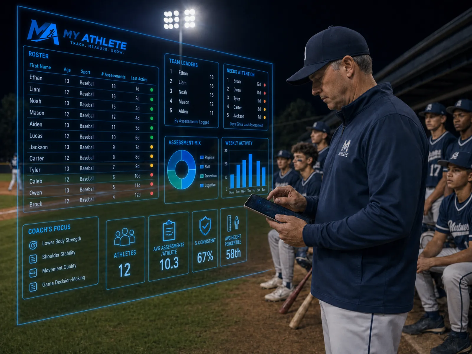 A baseball coach reviewing athlete results in My Athlete