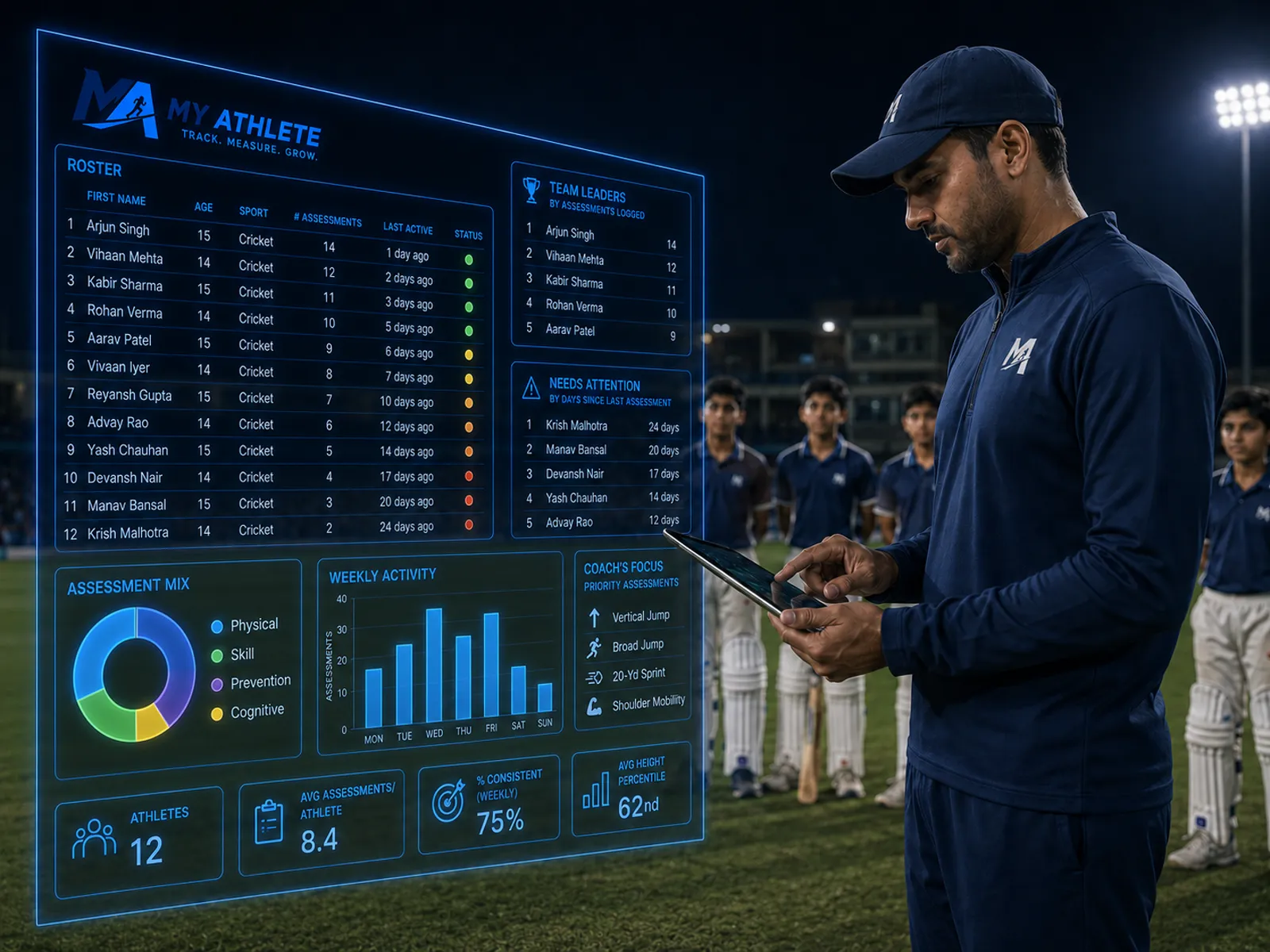 A cricket coach reviewing athlete results in My Athlete
