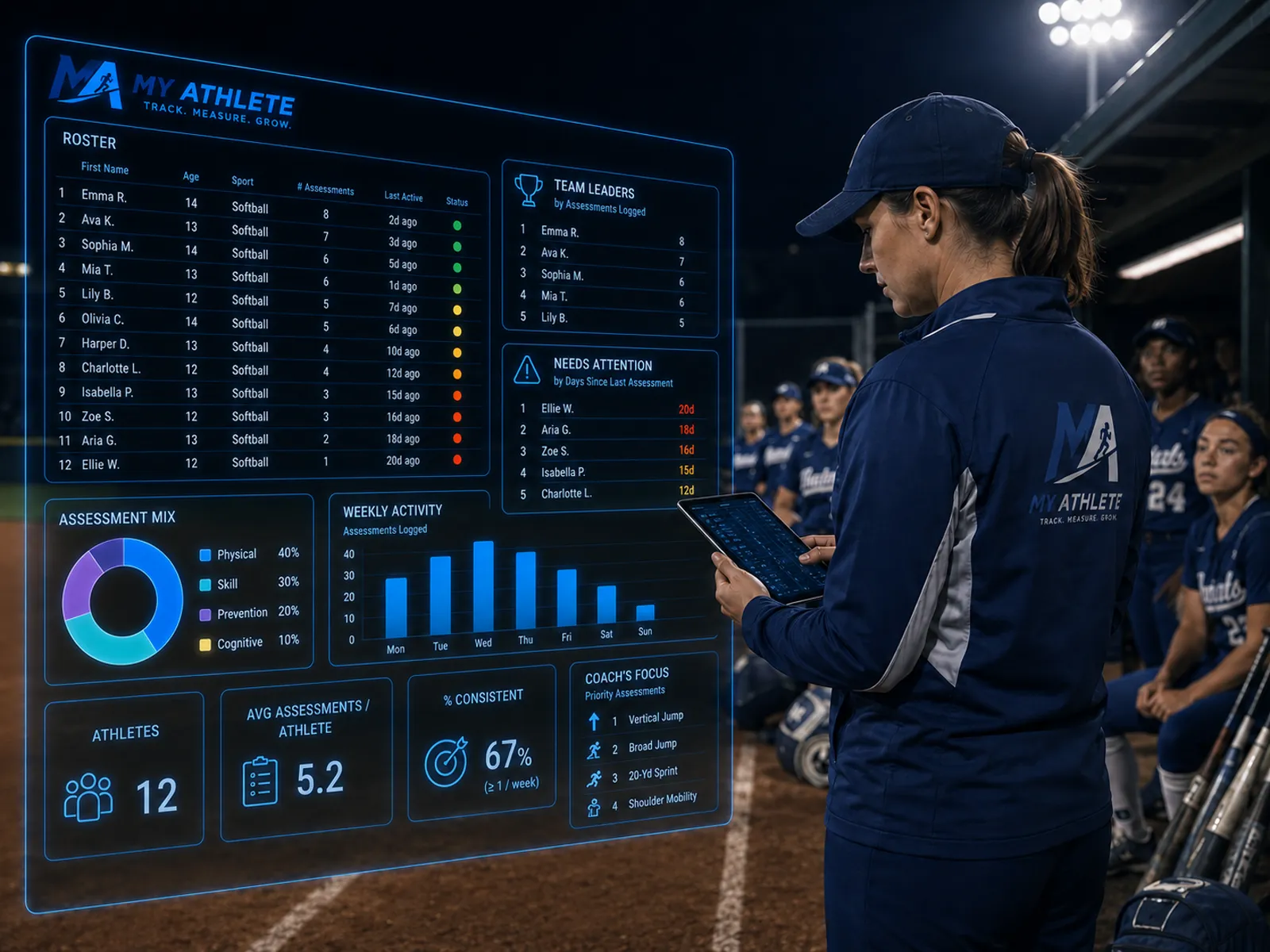 A softball coach reviewing athlete results in My Athlete