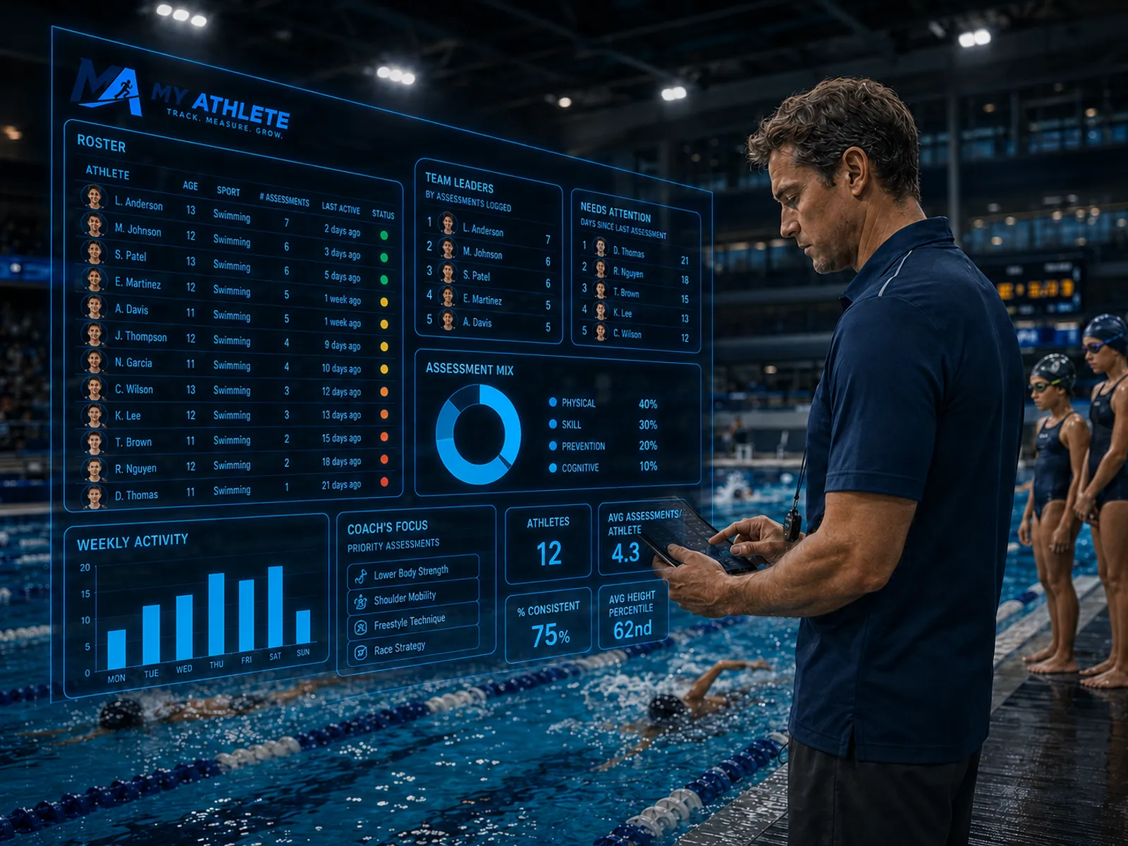 A swimming coach reviewing athlete results in My Athlete