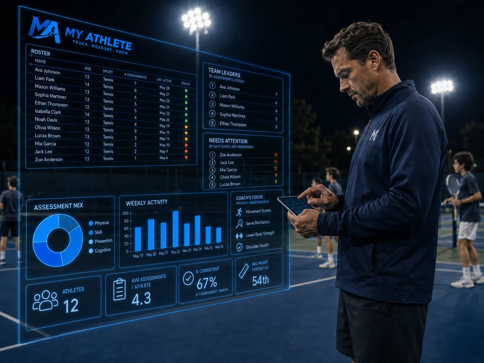 A tennis coach reviewing athlete results in My Athlete