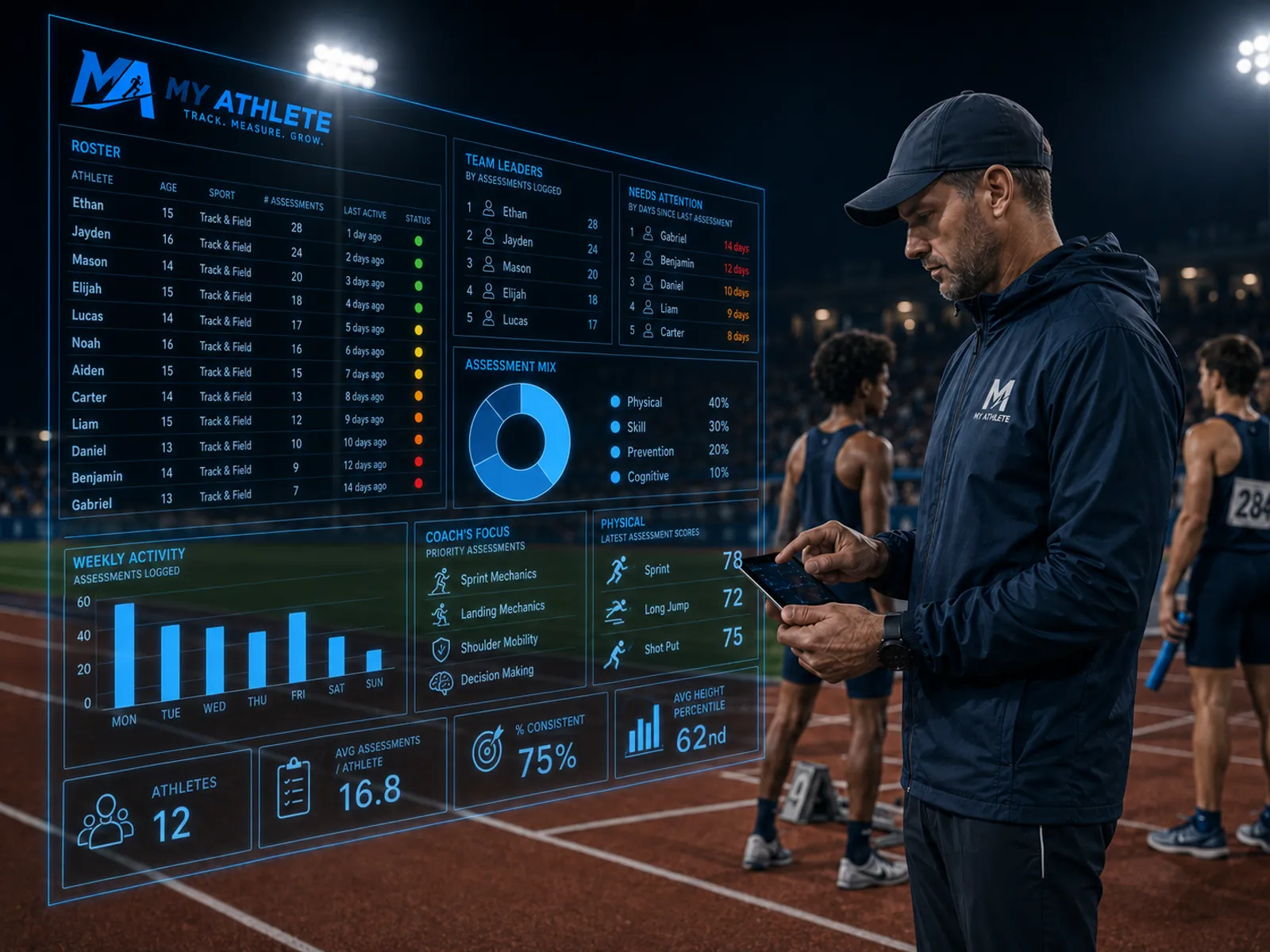 A track and field coach reviewing athlete results in My Athlete