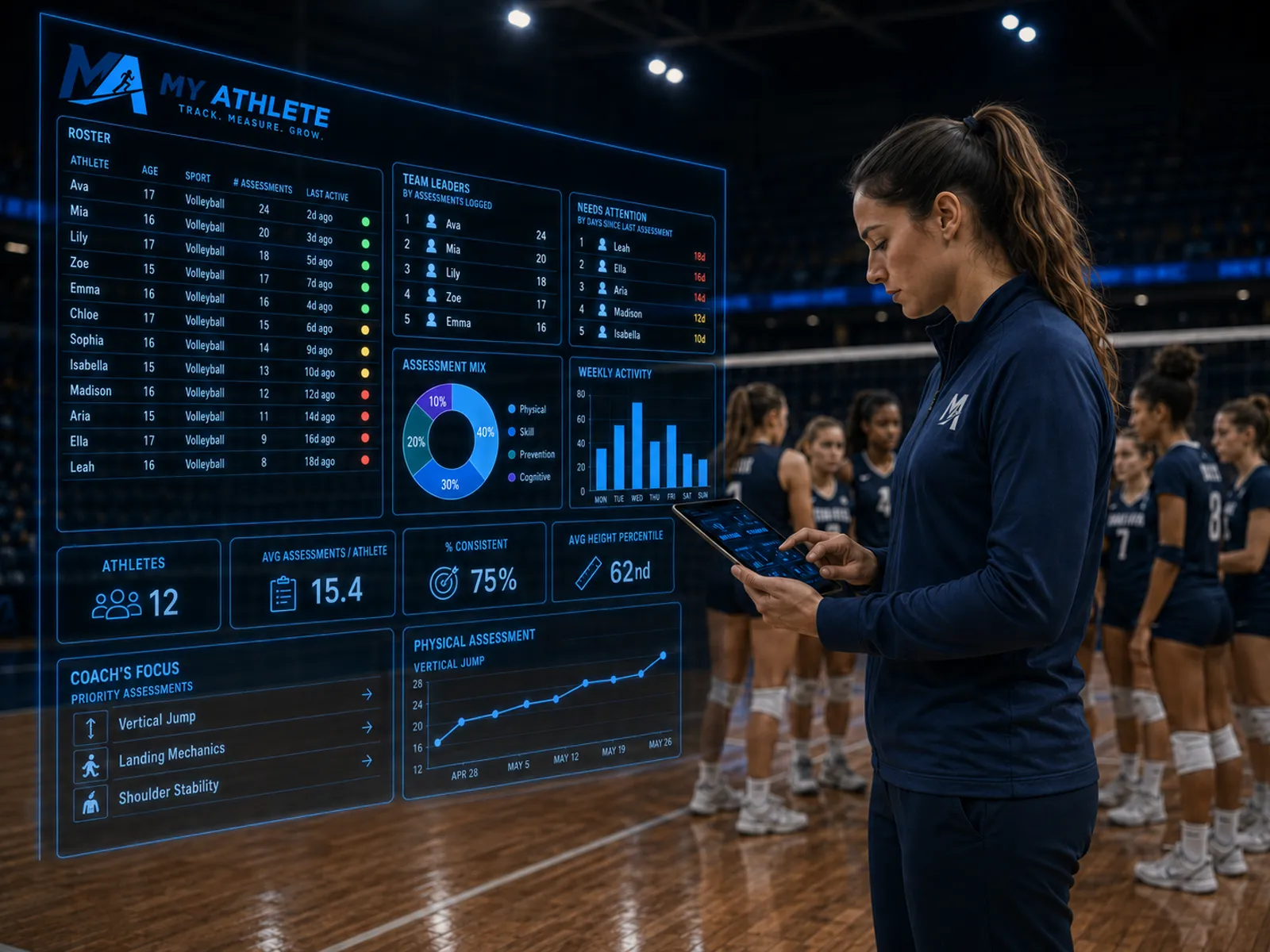 A volleyball coach reviewing athlete results in My Athlete