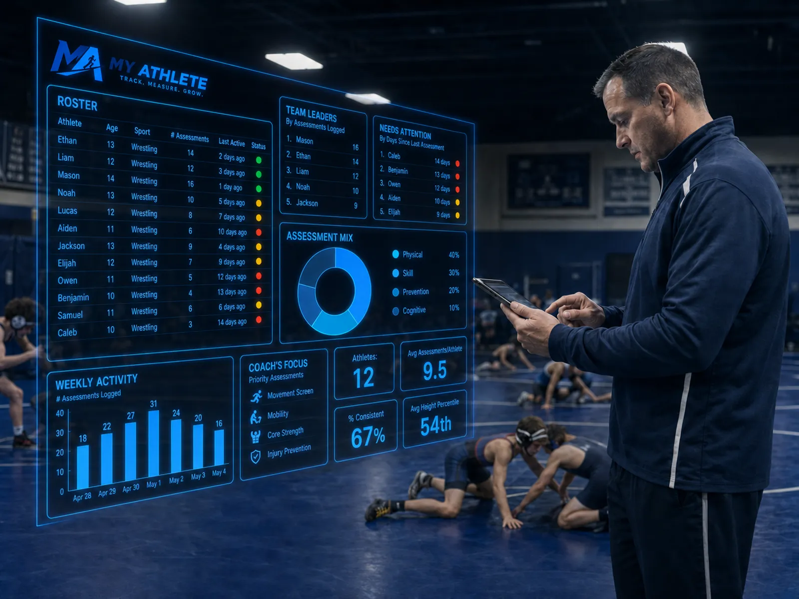 A wrestling coach reviewing athlete results in My Athlete